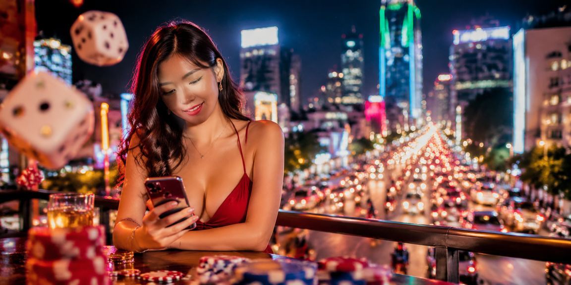 Không gian chơi game đêm tại TP. Hồ Chí Minh với ánh đèn neon và bàn xúc xắc trực tuyến